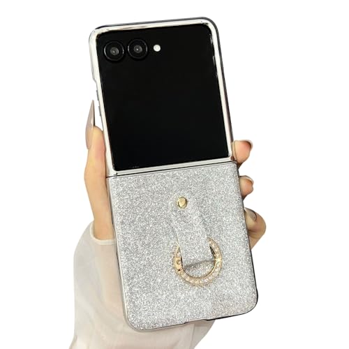 TRIPLE RIVER・For Motorola For Razr 60/60s/60d ケース 耐衝撃 メッキ カバー グリッター PUレザー 折りたたみ型 ラインストーン 一体型リング付き シンプル お洒落 レーザー60 / ウルトラ(シルバー)