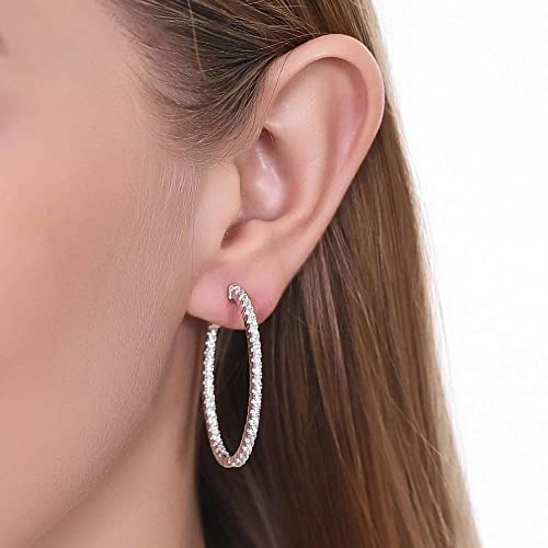 Berricle Sterling Silver Oval Cubic Zirconia Cz Medium Fashion Inside-Out Hoop Earrings For Women, Rhodium Plated 1.4" #TOP3