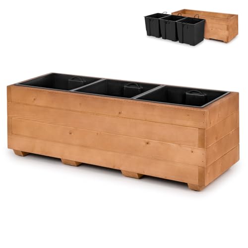alfalux Blumentopf Holz - Pflanzkübel Übertopf Blumenkasten - mit DREI Kunststoffeinsätzen Herausnehmbar - 91 x 33 x 32 cm - Nuss Braun 91KAN3332NU