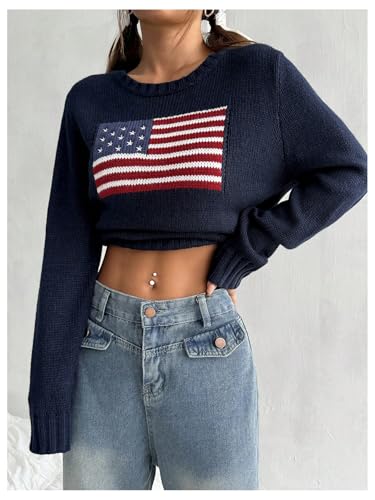 Image of SweatyRocks Women's Flag Pattern Long Sleeve Round Neck Sweater Casual Loose Pullover Sweater