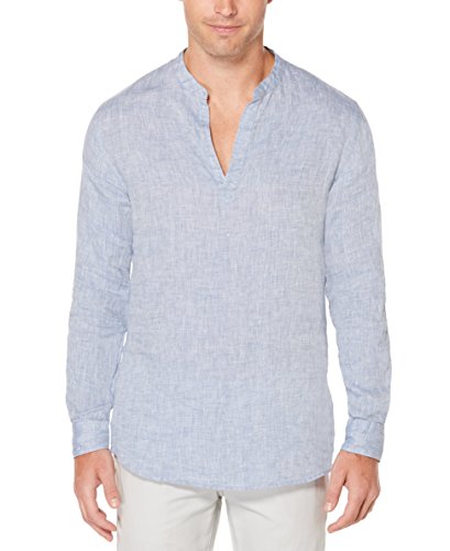 Perry Ellis Men's Long-Sleeve Solid Linen Cotton Popover Shirt, Colony Blue, X Large
