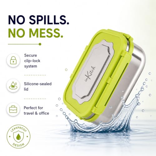 Image of Insulated Stainless Steel Lunch Box Combo Set 800ml with Airtight Leak-Proof Clip Lock Lid, Durable (Green Tiffin with Bottle)