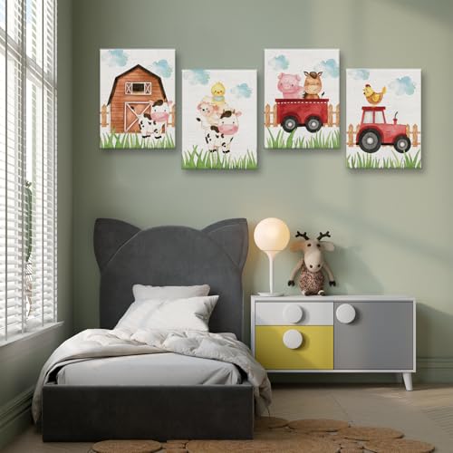 Image of Watercolor Farmhouse Nursery Decor Canvas Wall Art Farm Cute Animal Chicken Cow Pig Wall Decor Artwork Poster Prints for Home Living Room Girls Boys Bedroom Classroom Decoration,4PCS,Framed,8x10IN
