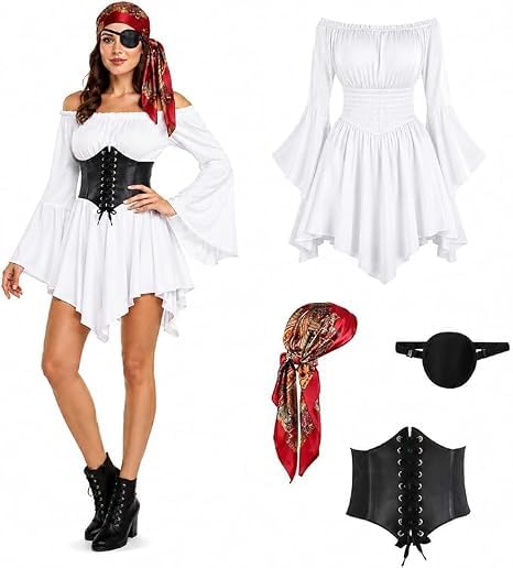 aokavise pirate costume women,Pirate Costume Women Adults Halloween Costumes for Womens 4 Pcs Pirate Accessories Set with Skirt Head Scarf Sash Eye Patch Caribbean Medieval Dress Outfits Clothing — image 1