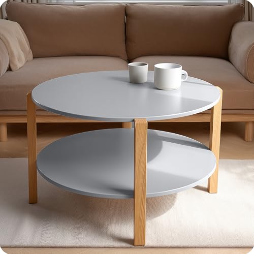 POSNORD Table Basse Ronde 75 cm – Plateau Blanc en MDF avec 3 Pieds en Bois de Hêtre, Design Scandinave Compact Idéale pour Salon, Séjour et Chambre