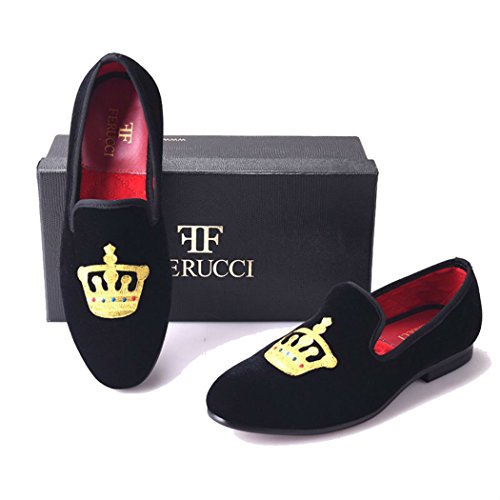 FERUCCI Handmade Men Black Velvet Slippers Flats Loafers with Gold Crown3
