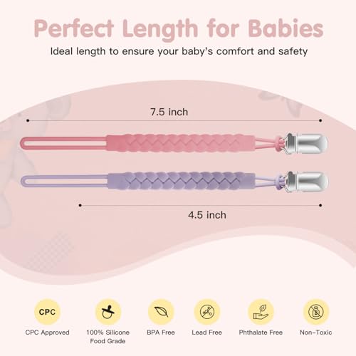 Image of TenderBabe Silicone Pacifier Clip for Baby Girls and Boys, Pack of 6 Soft Flexible Paci Binky Clips with One-Piece Braided-Style Design,BPA-Free Baby Essentials