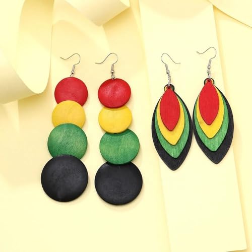 African Natural Wood Earrings Retro Bohemian Multilayer Round Geometric Dangling Eardrop Colorful Lightweight Wooden Map Leaf Triangle Drop Earring Ethnic Style Jewelry for Women (A 2pairs) by Caiyao - Used condition - Image 2
