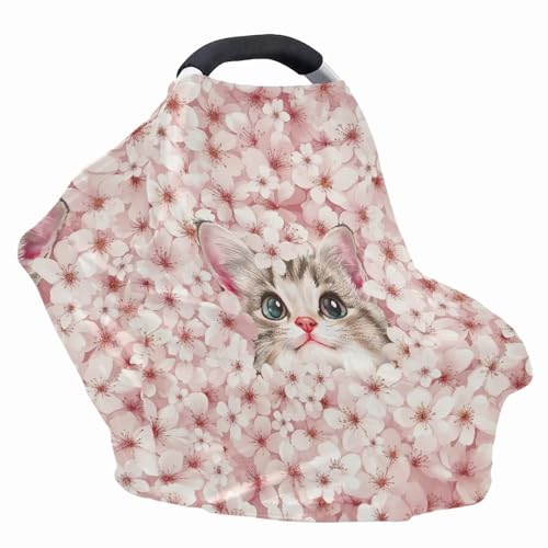 Image of Cat Car Seat Cover for Baby Carseat - Cherry Blossom Infant Car Seat Cover for Sun - Breathable, Soft and Lightweight Car Seat Canopy