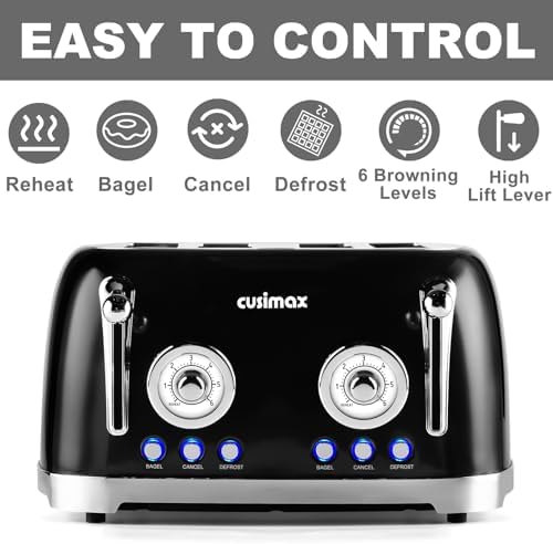 CUSIMAX Toaster 4 Slice, Retro Toaster with Wide Slots for Bagels, Black - 2