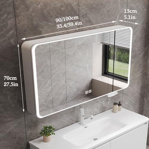Wall Mounted Bathroom Mirror Cabinet - Large Storage, Smart Touch & Defogging Design, Multi-Scenario Use - White, 90cm/35.4in Storage Cupboard