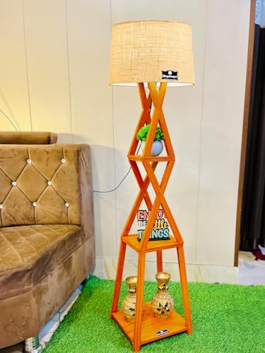 Image of Wooden Shelf Floor Lamp for Living Room & Bedroom Corners | Sofa Side Lamp | Home Decor Lighting with Khadi Shade