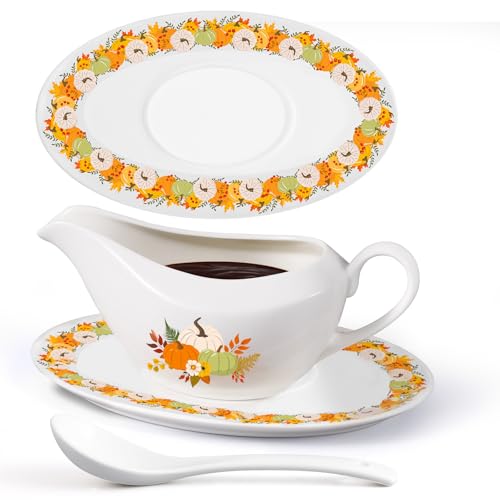 16OZ Thanksgiving Gravy Boat with Ladle and Saucer Ceramic Gravy Boat Thanksgiving Serveware for Salad Dressings, Creamer, Broth, Black Pepper Used at Weddings Parties Christmas or Daily Use