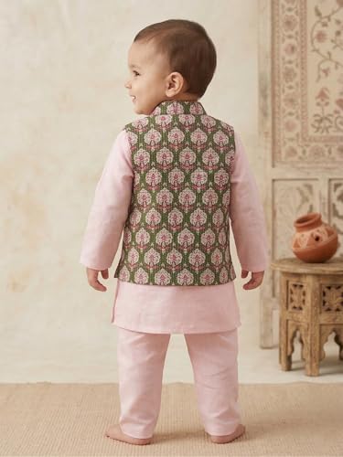 Image of Pspeaches Boys Cotton Full Sleeves Mandarin Collar Solid Kurta & Pyjamas With Dobby Jacket 3 Piece Set|Ethnic Wear For Cute Baby Boys|Traditional & Festive Outfit