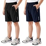 Hoseay Shorts Jungen Schnelltrocknend 2er Pack Kurze Hosen mit Reflexstreifen Atmungsaktiv Kordelzug Elastischer Bund Sportshorts Schule Training für Kinder 8-9 Jahre, Schwarz Blau