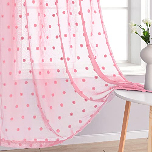 Pink Curtains 63 Inch Length For Girls Preppy Room Decor 2 Panels Rod Pocket Lace Floral Pom Pom Textured Sheer Closet Curtains For Bedroom Close Door Little Princess Teen Kids Baby Nursery Light Pink #TOP2