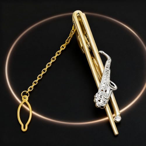 Image of Tie Pin for Men Formal, Saxophone Tie Clip with Fit, Golden Tie Accessory for Business Attire and Wedding Events,Music Tie Clip