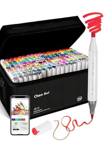 Chen Rui 168 Colours Alcohol Markers Brush Tip with Free App Dual Tips Blender Colouring Pens for Adults Alcohol Based Markers Dual Tips for Painting Sketching Drawing
