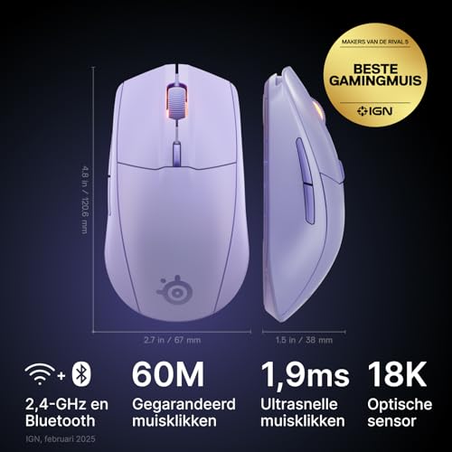SteelSeries Rival 3 Wireless Gen 2-gamingmuis - 2,4-GHz en Bluetooth - TrueMove Air optische sensor met 18.000 DPI - Gegarandeerd 60 miljoen muisklikken -Laag gewicht - Voetjes van 100% PTFE -Lavendel - Afbeelding 3