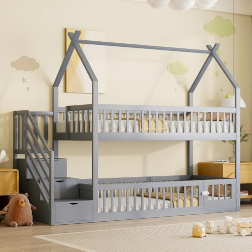 Wyibwy Montessori - Litera de 90 x 200 cm con techo para niños, con escalera de seguridad y cajones de almacenamiento, cama con barrera, cama alta con contenedor, cama de madera maciza, color gris