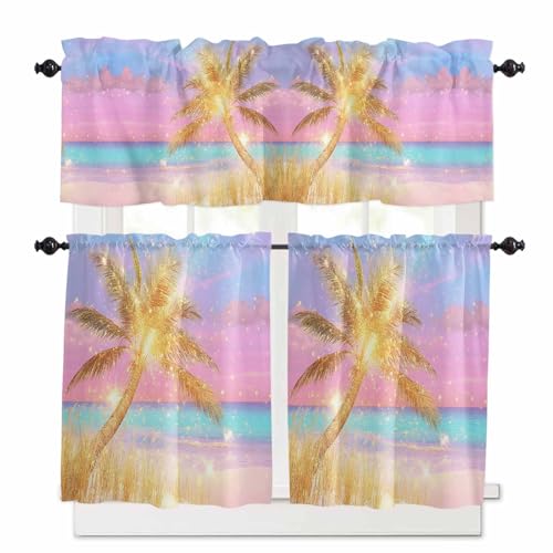 Golden Palm Tree Kitchen Curtains 36 Inch Length, 3 Piece Rod Pocket Small Half Tiers and Valance Set, Rainbow Beach Seaside Small Large Window Treatment Decor for Bedroom/Bathroom Sink