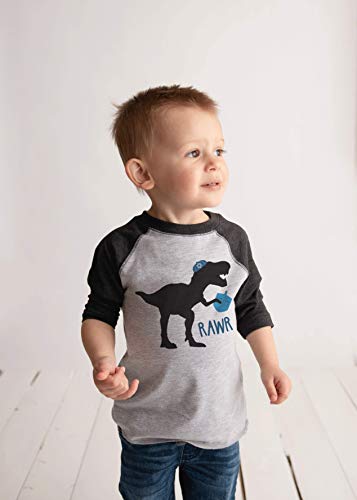 7 ate 9 Apparel Kids Funny Dinosaur Hanukkah Blue Raglan Tee2