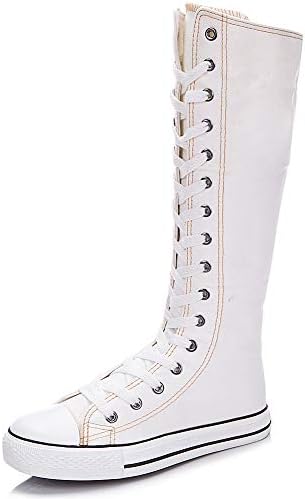 rismart Women's Lace Up Tall Punk Dancing Canvas Boots(White,us7)