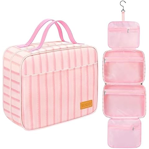 WONDAY Large Waterproof Toiletry Bag for Women, Hanging Travel Makeup Organizer Bag (Pink Gray Stripes) Cover