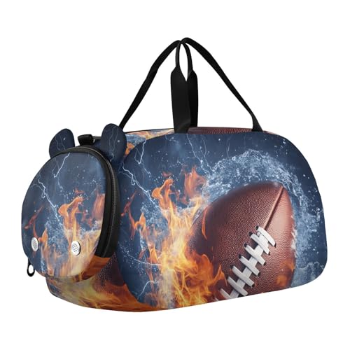 Kids Sports Duffel Bag for Boys & Girls - Fire American Football 100% Polyester Gym Bag with Separate Shoe Compartment, Adjustable Shoulder Strap, Compact Travel & Workout Gear Bag
