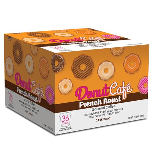 Image of Donut Cafe - Gourmet Single Serve Coffee Pods for Keurig K-Cup Brewers, Dark Roast, 100% Arabica, Non-GMO & Gluten Free, French Roast Blend, 36 Count