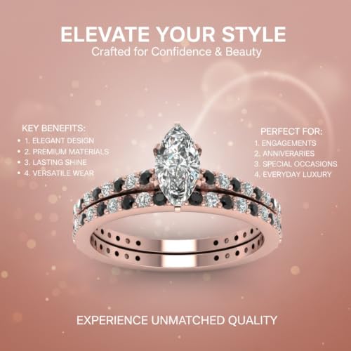 Image of 55Carat Choose Your Gemstone Marquise Shape 14k Rose Gold Plated Classic Delicate Diamond CZ Handmade Fashion Jewelry Party Wear Daily Wear Ornament Gifts for Wife Wedding Ring Sets : US Size 4 to 12