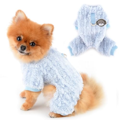 PAIDEFUL ペット服 小型犬服 犬 服 秋 冬 つなぎ ふわふわ カバーオール 犬用4脚パジャマ 犬のプルオーバー 防寒コート 暖かい 犬猫洋服 脱毛保護 人気 普段着 チワワ服 Dリング, ブルー, S