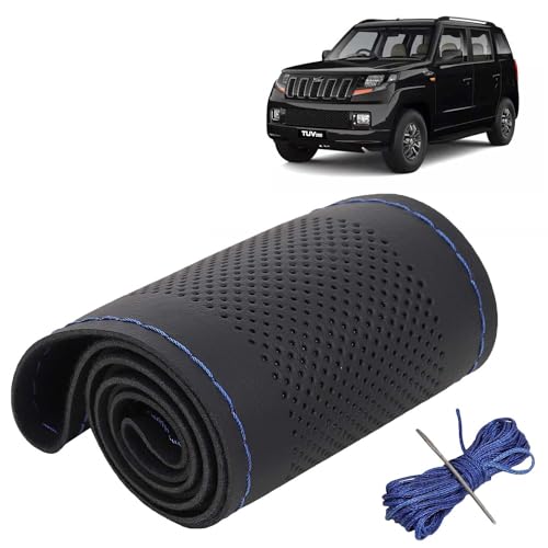 Image of KINGSWAY PU Leatherite Car Steering Cover Sewable Compatible with Mahindra TUV 300 (Year 2015 Onwards), Black Color with Blue Thread, Pack of 1 with Sewing Needle and Thread