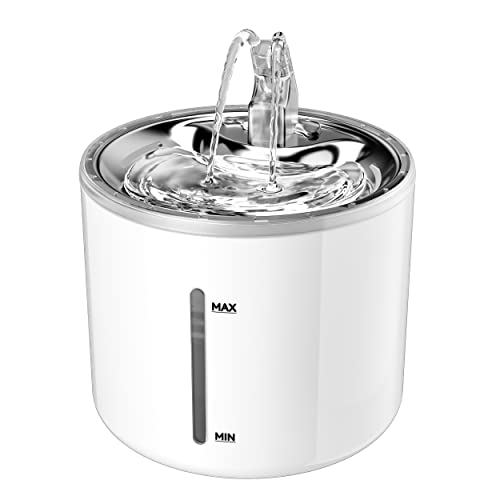 Famedy 2.6L Katzenbrunnen, Edelstahlaufsatz WF130 Haustierwassertrinkbrunnen für Katze Hund Wasserspender Schüssel mit ultraleiser LED-Anzeigepumpe, Großer Filter mit Schwämmen, Weiß Cover