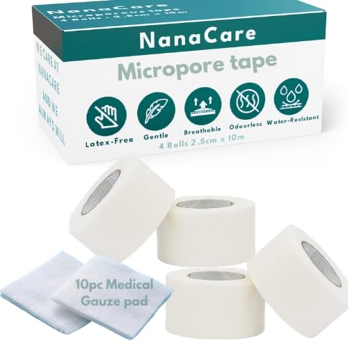 Microporous Medical Tape Waterproof 4 Rolls 2.5cm x 10m + 10pc Gauze Pads - Hypoallergenic Surgical Tape for Wound Care Dressings & Face First Aid Waterproof Bandage for Sensitive Skin - NanaCare