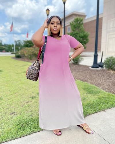 Image of TOPSRANI Womens Plus Size Maxi Dresses for Women Oversize Casual Short Sleeve V Neck Loose Plain Solid Trendy Summer Dress
