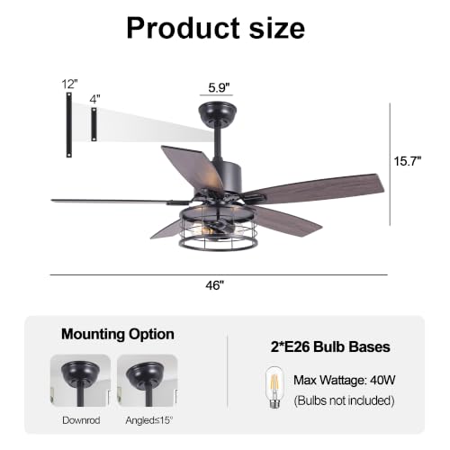 Image of 46 inch Farmhouse Ceiling Fan with Lights Remote Rustic Ceiling Fan | Industrial Caged Fandelier, Black Chandelier Light for Living Room Indoor Outdoor, Reversible DC Motor 6 Speeds, 2 E26 Bases