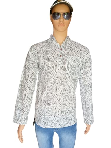Image of Men's Printed Cotton Blend Full Sleeve Straight Kurta Regular Fit Short Kurta Shirt for Men