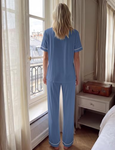 Image of HNG Women Pajamas Set 2 Piece Button Up Pajamas Pant and Short Sleeve Shirt for Woman Pj Sets with Pocket