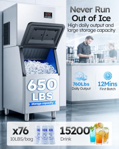 Image of Commercial Ice Machine 760LBS /24H,Storage 650LBS,Large Industrial Ice Maker,Ice Ready in 5-15min,with Self-Cleaning Mode,with Timing Function,30 Levels of Ice Thickness Adjustment,Stainless Steel