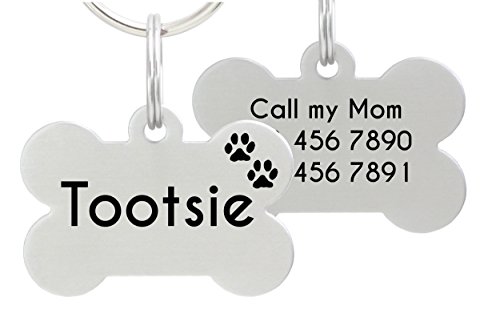 Double Sided Laser Etched Stainless Steel Pet ID Tag for Dog Engraved and Personalized Bone Shape (Paws)
