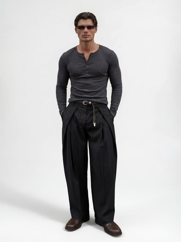 Image of FUGAZEE 100% Cotton Charcoal Muscle Fit Ribbed Henley Longsleeve T-Shirt