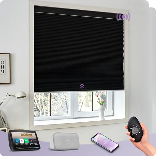 Graywind Smart Custom Cellular Shades Compatible with Alexa Google Blackout Rechargeable Motorized 5/8' Single-Cell Honeycomb Window Shades Remote Accordion Blinds, Black