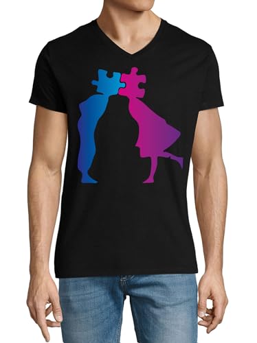 T-shirt Kissing Jigsaw Puzzle col V en coton noir homme pour look casual