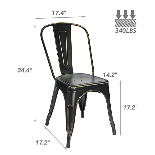 Image of Devoko Metal Indoor-Outdoor Chairs Distressed Style Kitchen Dining Chairs Stackable Side Chairs with Back Set of 4 (Black Gold)