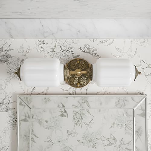 Image of Milk Glass Bathroom Vanity Light - 2-Light Wall Sconce with Brass Finish Base & Green Glass Shade - Wall Sconce Lighting for Mirror, Kitchen, Living Room (White Glass with Gold Metal Accents)