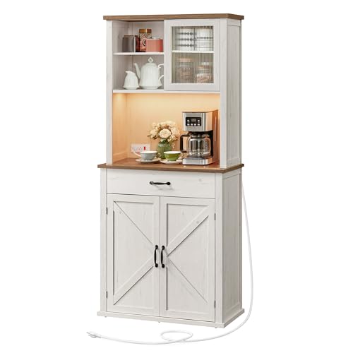 VASAGLE LIRY Collection - 71-Inch Tall Kitchen Pantry Cabinet with Lights and Charging Station, Coffee Bar Cabinet with Doors and Drawer, Farmhouse Style, Adjustable Shelves, Rustic White UB