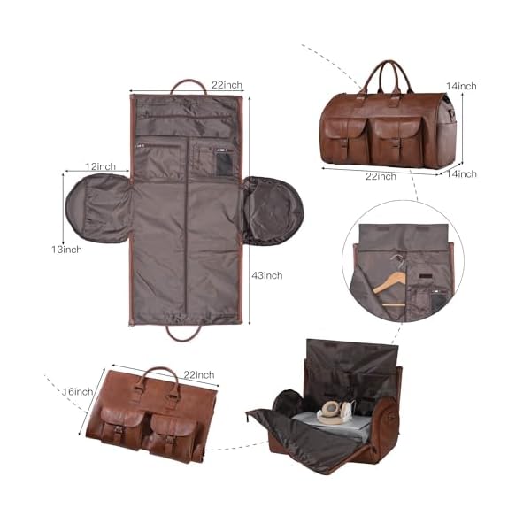 Leather-Convertible-Garment-Bag-with-Shoes-Compartment-Full-Grain-Leather-Carry-on-Duffle-Bag-for-Men-Women-Weekender-Hanging-Business-Suitcase-for-Travel-Suit-Coffee Leather Convertible Garment Bag with Shoes Compartment, Full Grain Leather Carry on Duffle Bag for Men Women, Weekender Hanging Business Suitcase for Travel Suit Coffee
