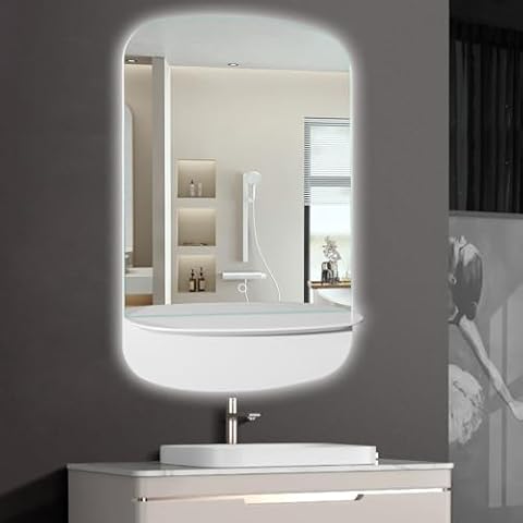 32x20 Inch LED Bathroom Mirror with Shelf, Lighted Vanity Mirror with Storage, Defogger, Stepless Dimmable, 3000K to 5500K Color Temperature Wall Mounted Makeup Mirror (White1) Cover