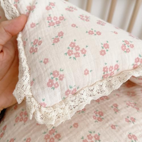 Image of BuLuTu Pink Floral Kids Quilts Full Bed Comforter for Girls Teens Cotton Muslin Quilted Blanket with Chic Lace Edges Reversible Galsang Flower Pattern Quilt, 1 Piece, 79 inchx90 inch